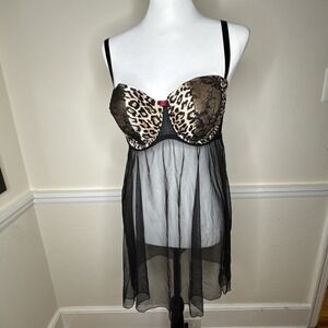 Cacique Negligee Black Mesh Sheer Teddy Lingerie Babydoll Animal 18/20 panty NWT